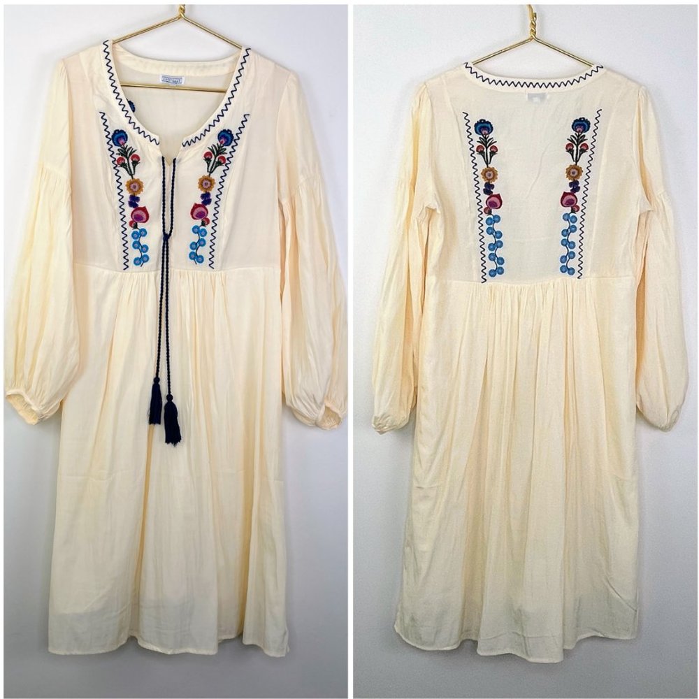 Sweetsalt Modest Clothing Flowy Embroidered Flower Boho Cream Cottagcore Dress
